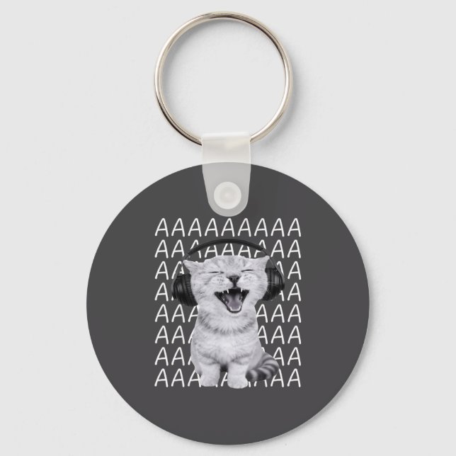 Aaaa Screaming Cat Meme Wearing Headphones Cat Int Key Ring (Front)