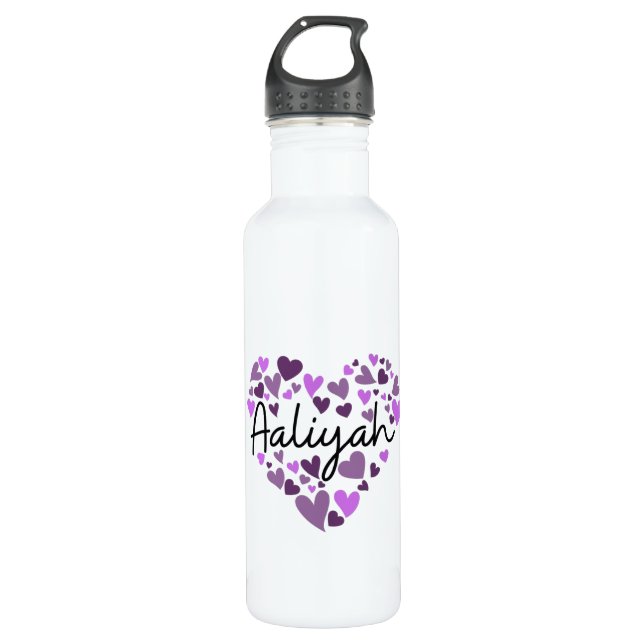 Aaliyah, purple hearts 710 ml water bottle (Front)