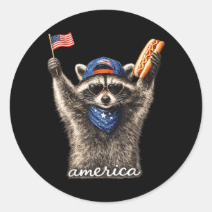 Aamerica Cute Racoon With Aamerican Flag Hot Dog Classic Round Sticker