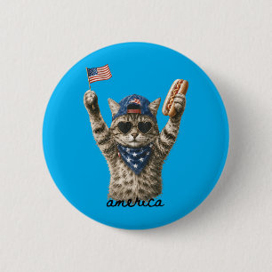 Aamerica Patriotic Cat Hot Dog 6 Cm Round Badge