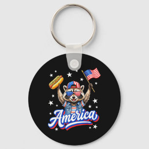 Aamerican Flag Hot Dog Racoon Aamerica Funny 4th Key Ring
