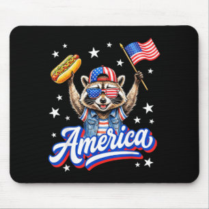 Aamerican Flag Hot Dog Racoon Aamerica Funny 4th Mouse Pad