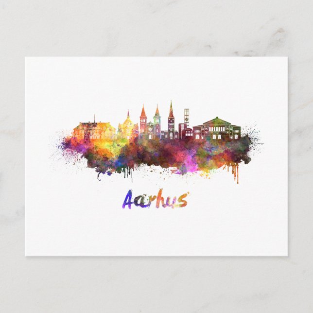 Aarhus skyline in watercolor postcard (Front)