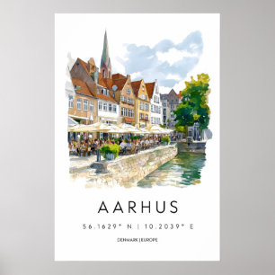 Aarhus Watercolor Vintage Travel Poster Ski