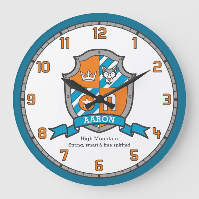 Aaron boys name meaning knights wolf orange large clock (Front)