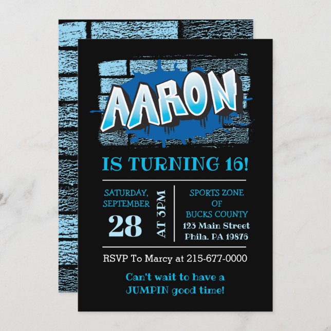 Aaron Your Graffiti Name Brick Wall Birthday Party Invitation (Front/Back)