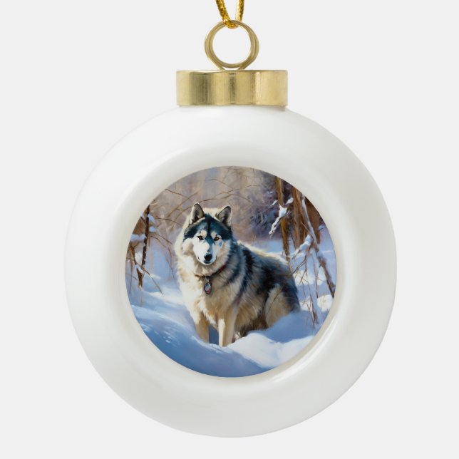 Aaskan Malamute Let It Snow Christmas Ceramic Ball Christmas Ornament (Front)