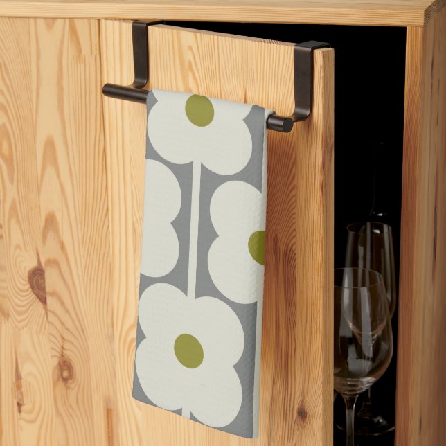 Abacus Flower and small stem pattern white & Grey Tea Towel (Thirds Fold)