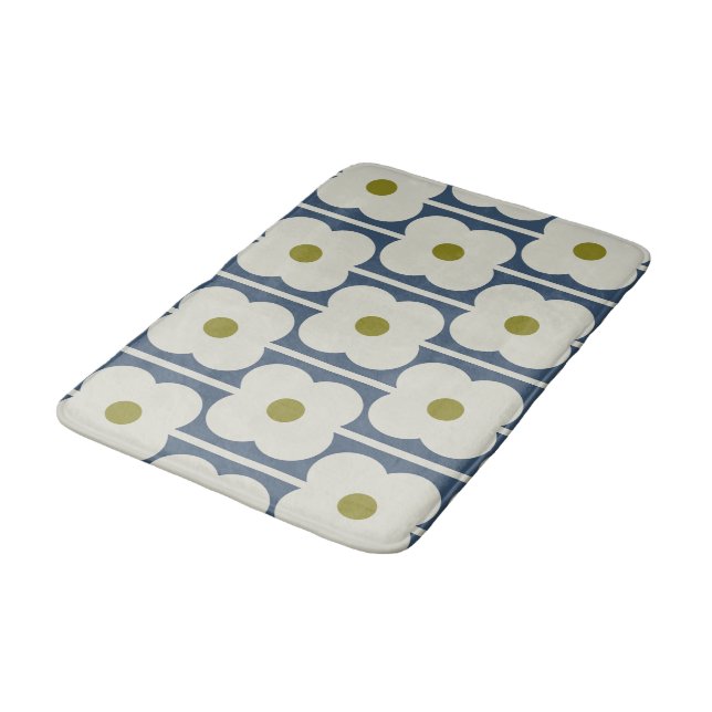 Abacus Flower Lined Eyelet White and Blue Bath Mat (Angled)