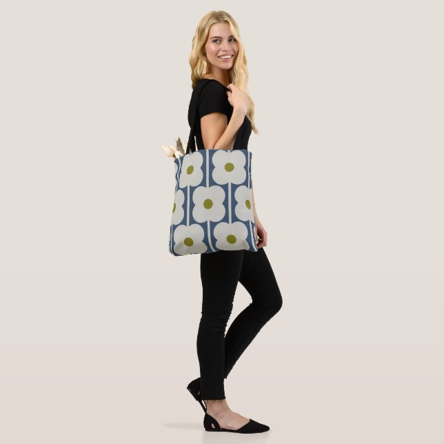 Abacus Flower Lined Eyelet White and Blue Tote Bag (On Model)
