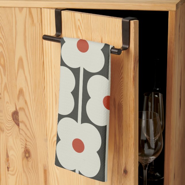 Abacus Flower Tomato Red Grid Pattern Tea Towel (Thirds Fold)