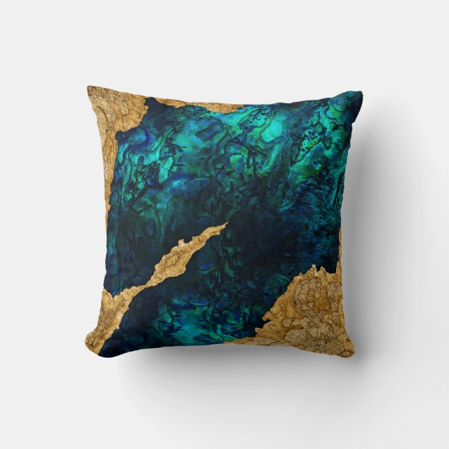 Abalone Blue and Gold Cement Mixed media abstract Cushion (Front)