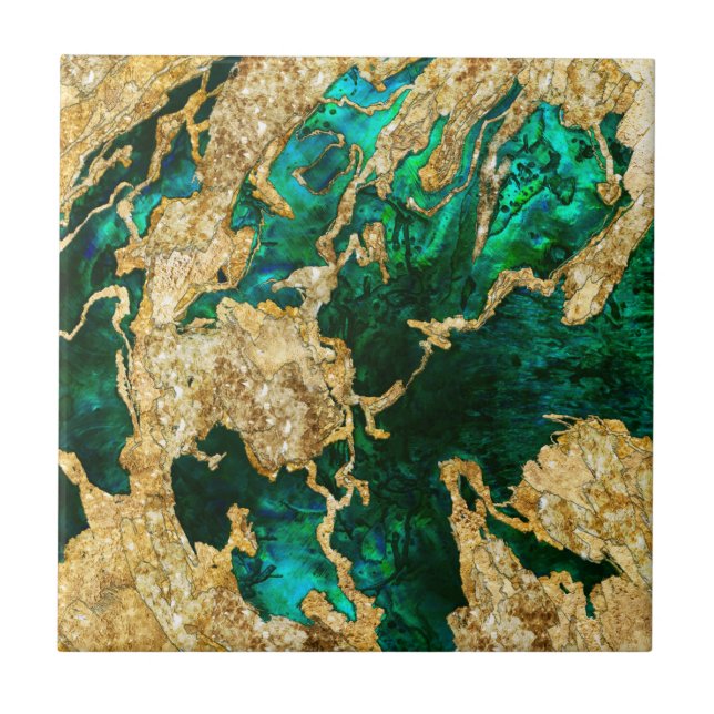 Abalone Green and Gold Cement Mixed media abstract Ceramic Tile (Front)