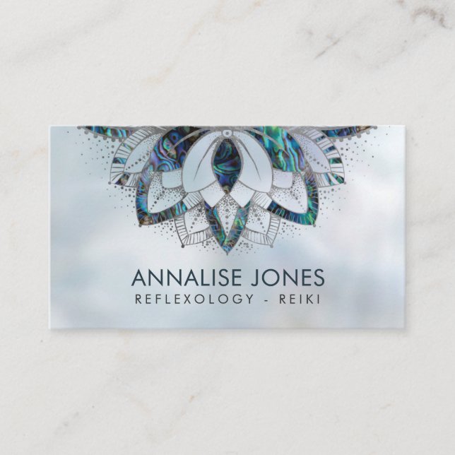 Abalone Shell and Silver frame Lotus on pearl Business Card (Front)