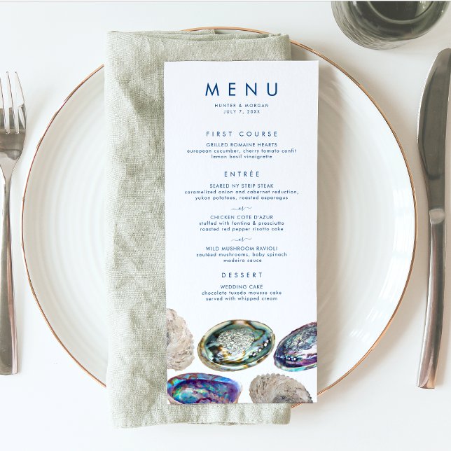 Abalone Shell Colourful Watercolor Beach Wedding Menu (This watercolor abalone shell wedding menu is perfect for your elegant beach wedding)