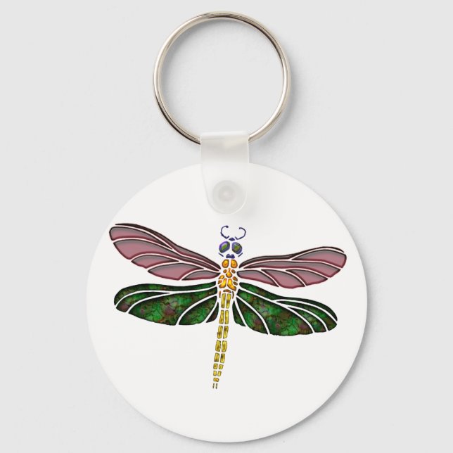 Abalone Shell & Stained Glass Dragonfly Key Ring (Front)