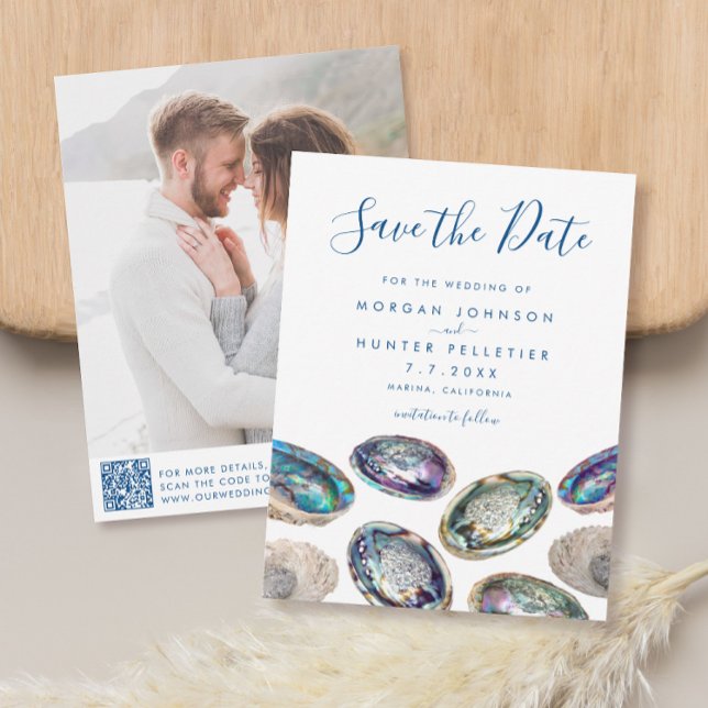 Abalone Shell Watercolor Beach Wedding Save The Date (These Abalone Shell watercolor save the dates feature your photo and QR code for your website)