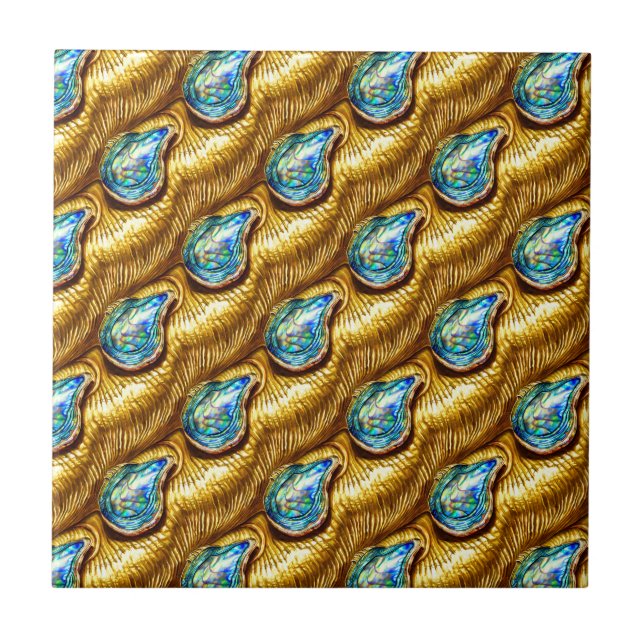 Abalone tear drop paua pua shell gold blue glam ceramic tile (Front)