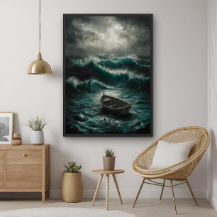 Abandoned Boat in Stormy Waters Ocean Art Poster