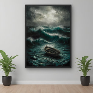 Abandoned Boat in Stormy Waters Ocean Art Poster