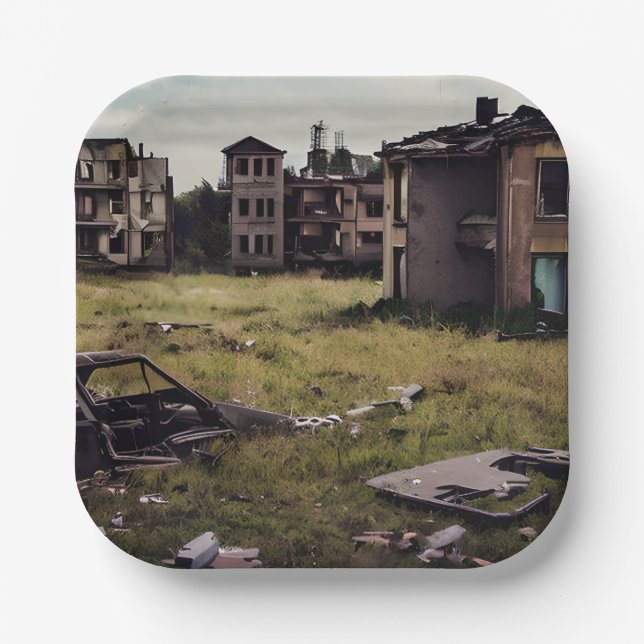  Abandoned Buildings | Post Apocalypse Destruction Paper Plate (Front)