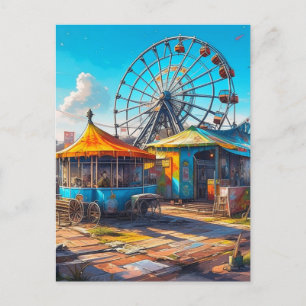 Abandoned Carnival Empty Ferris Wheel and Rides Postcard
