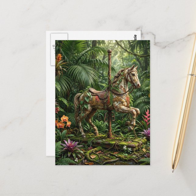 Abandoned Carousel Horse in a Jungle Postcard (Front/Back In Situ)