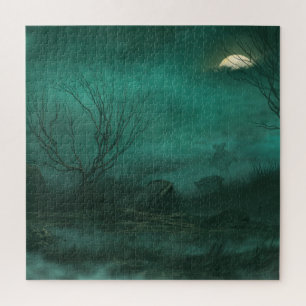 Abandoned Cemetery Moonlit Night Scene Jigsaw Puzzle