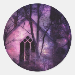 Abandoned Church Purple Night Sky Digital Art Classic Round Sticker