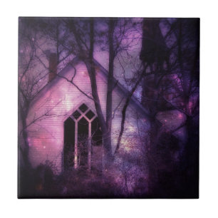 Abandoned Church Purple Night Sky Digital Art Tile