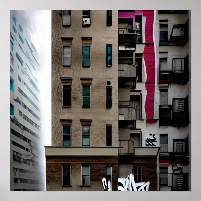 Abandoned City Buildings with Graffiti Poster (Front)