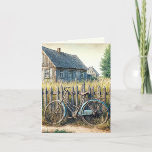Abandoned Old Bike On Rustic Fence Card