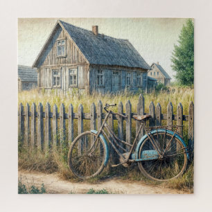 Abandoned Old Bike On Rustic Fence Jigsaw Puzzle