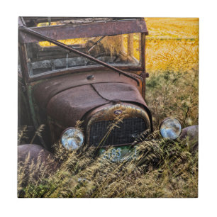 Abandoned old car in tall grass ceramic tile