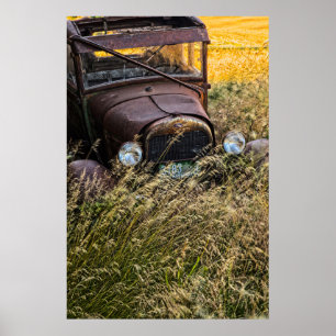 Abandoned old car in tall grass poster