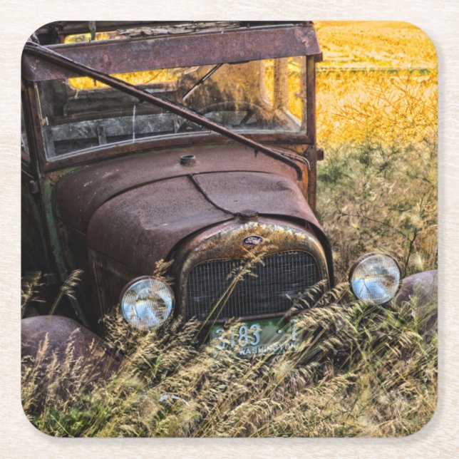 Abandoned old car in tall grass square paper coaster (Front)