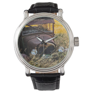 Abandoned old car in tall grass watch