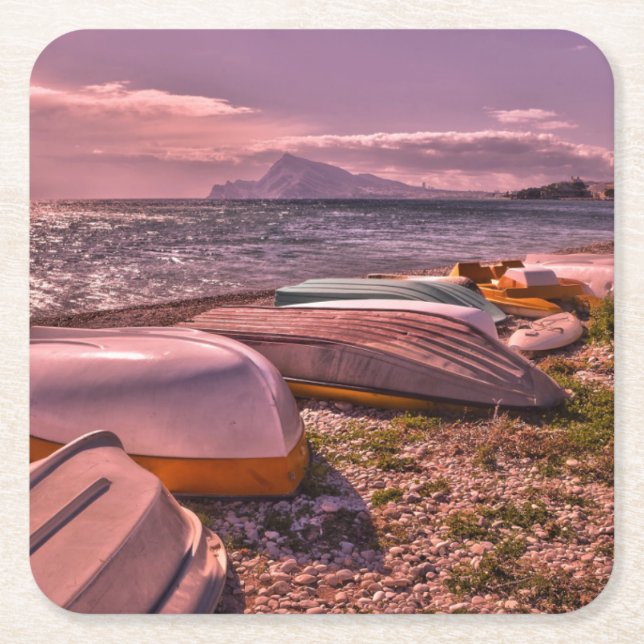 Abandoned Rowing Boats | L'Olla Beach, Altea Square Paper Coaster (Front)