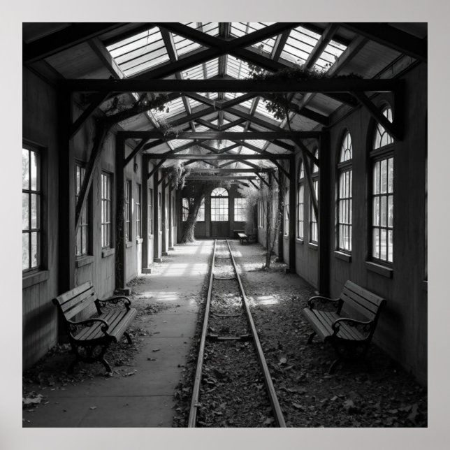 Abandoned Train Station – Charcoal Art Poster (Front)