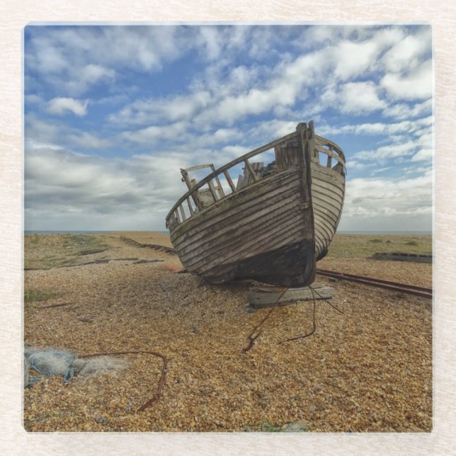 Abandoned Wooden Fishing Boat | Dungeness Glass Coaster (Front)