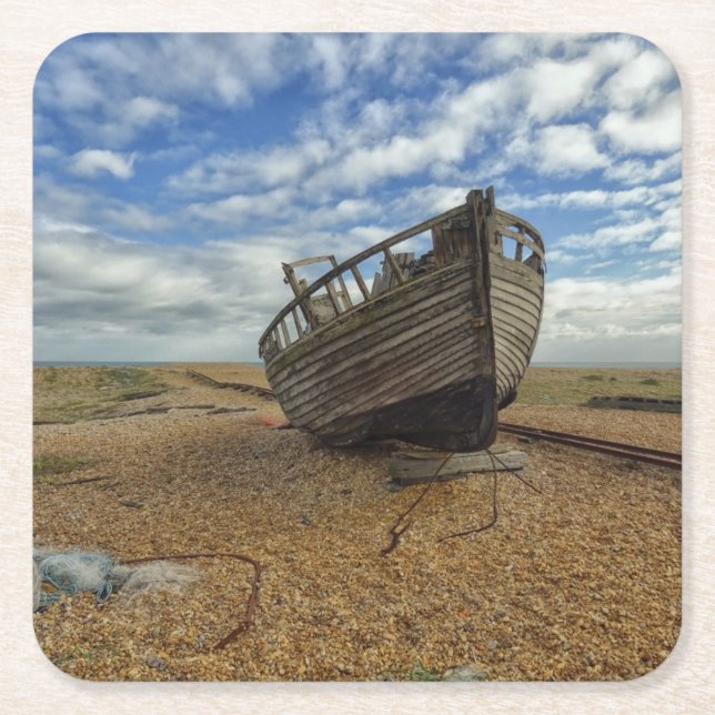 Abandoned Wooden Fishing Boat | Dungeness Square Paper Coaster (Front)