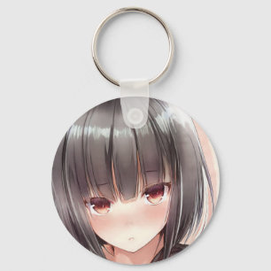 Abashed anime girl brunette bob amber eyes key ring
