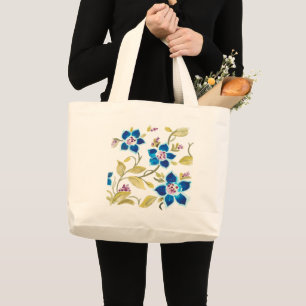 Abbey Floral Tiles - Blue Blooms Large Tote Bag