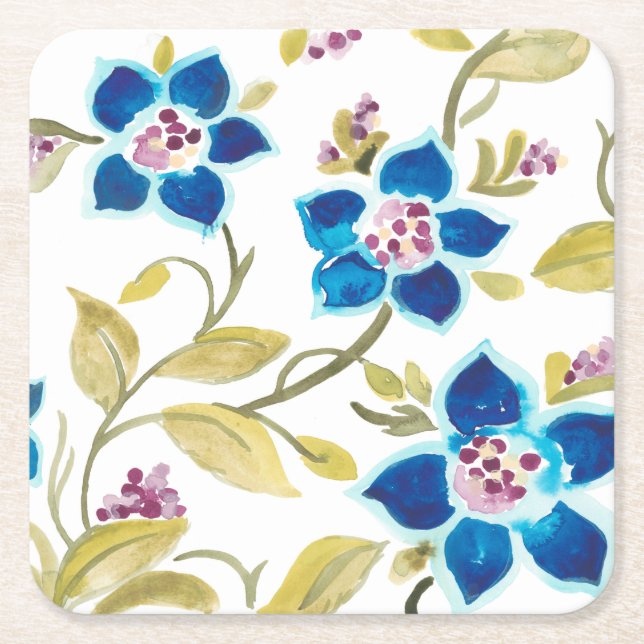 Abbey Floral Tiles - Blue Blooms Square Paper Coaster (Front)