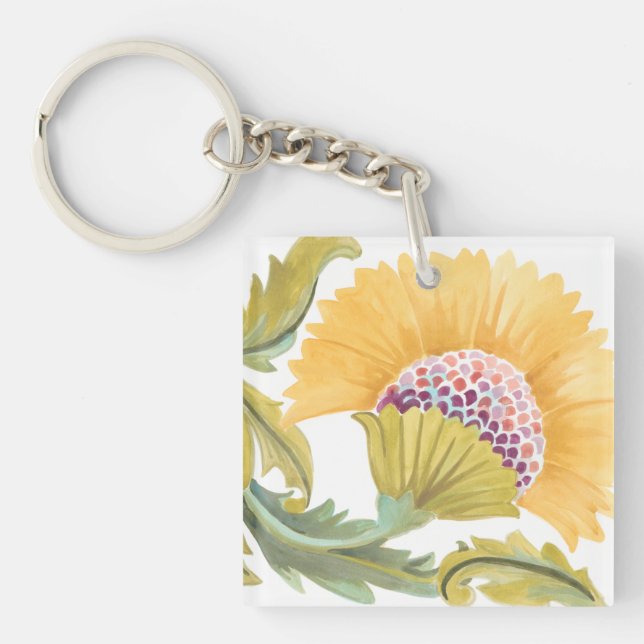 Abbey Floral Tiles - Yellow Key Ring (Front)