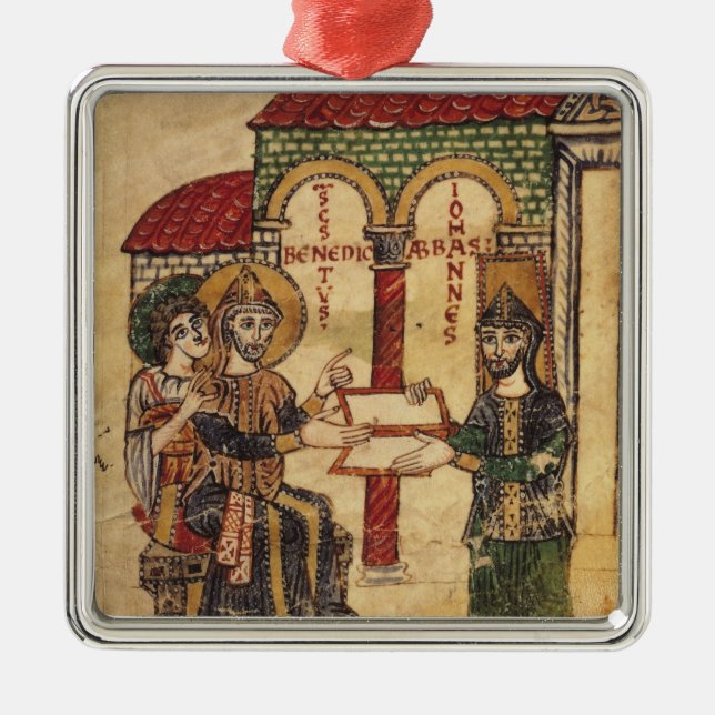 Abbot John offering manuscript Benedict Metal Ornament (Front)