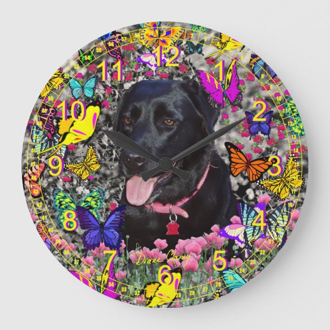 Abby in Butterflies - Black Lab Retriever Large Clock (Front)