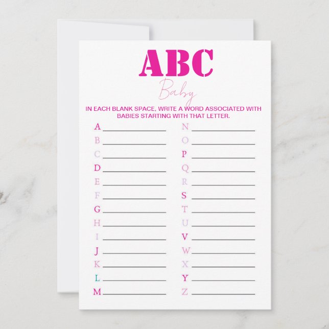 ABC Alphabet Baby Shower Game - Pink Invitation (Front)