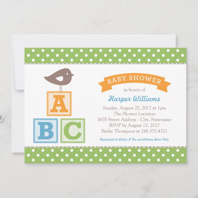 ABC Alphabet Blocks Green Baby Shower Invitation (Front)