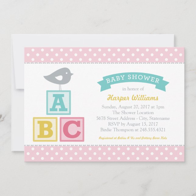 ABC Alphabet Blocks Pink Baby Girl Shower Invitation (Front)